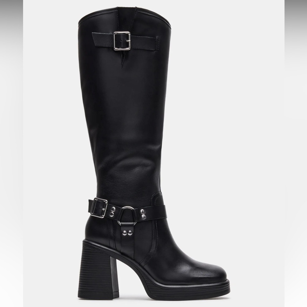 Steve Madden Black Heeled Moto Boots with Chunky Block Heel